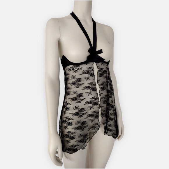 Vintage 2000s Frederick’s of Hollywood Black Lace Open Cup Halter Babydoll - Picture 3 of 14